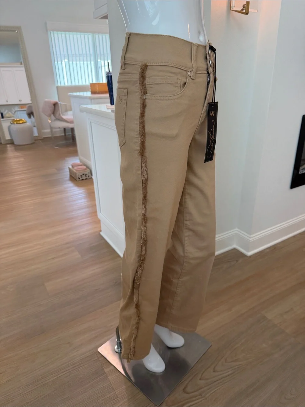DG2  Tan Straight-Leg Jeans with Frayed Side Trim